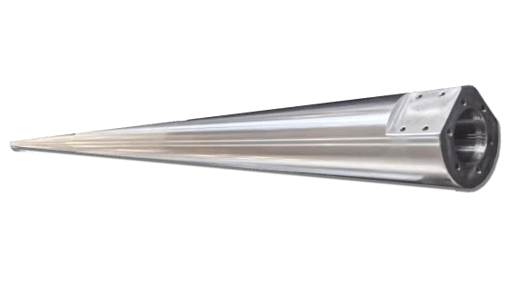 Precision hollow shaft manufactured by CNC turning process with tapered outer diameter and machined mounting surface for industrial equipment applications.