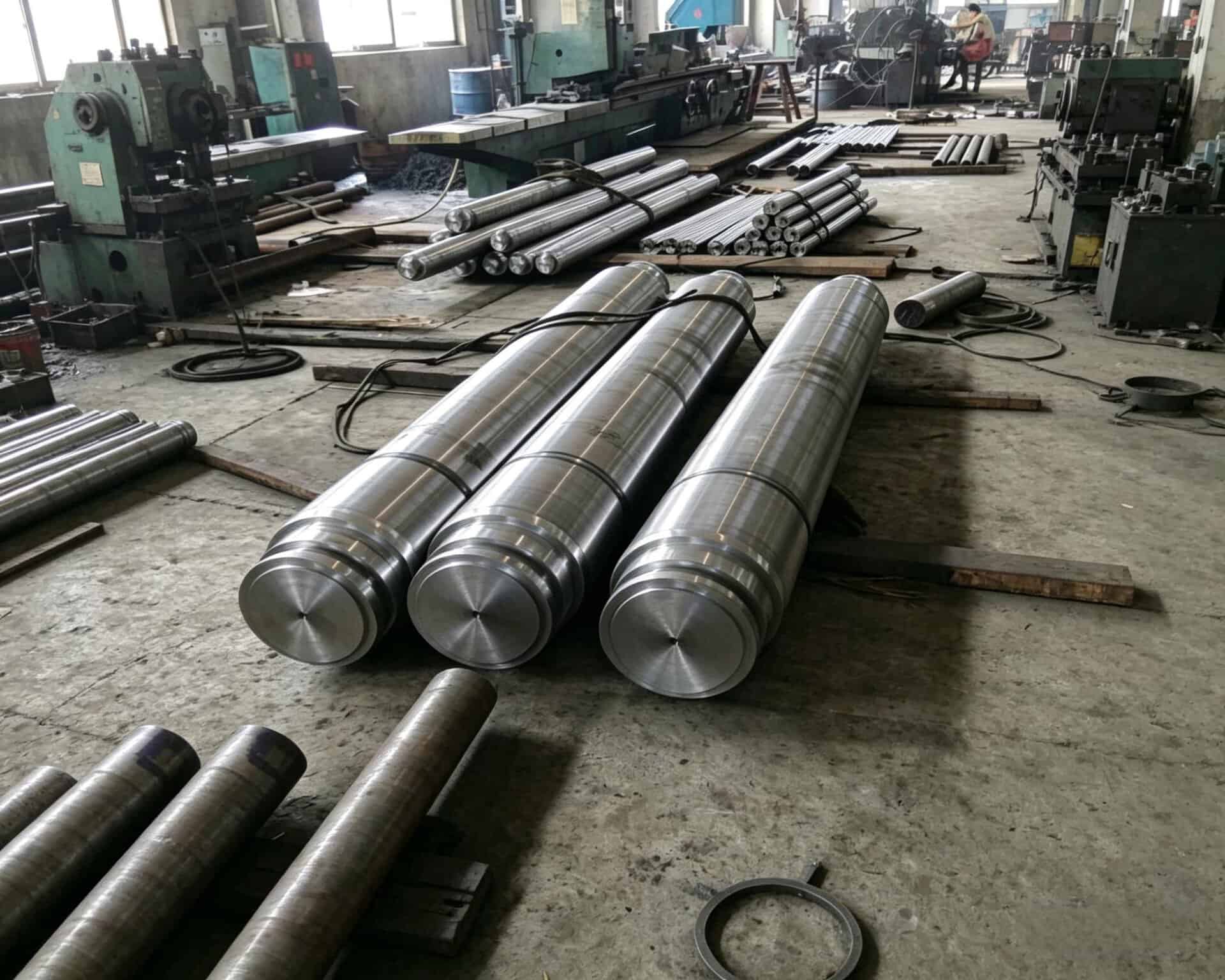 CNC machined metal rods in a manufacturing workshop setting.