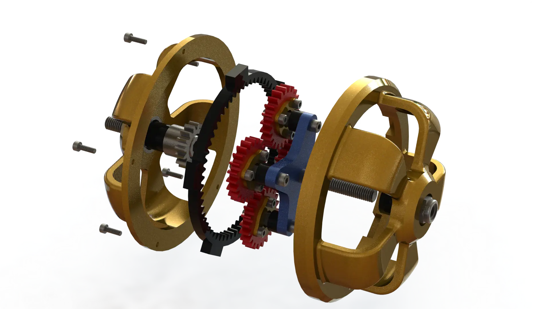 Planetary gearbox exploded view — precision CNC machined components sun gear planet carrier ring gear by Precimach
