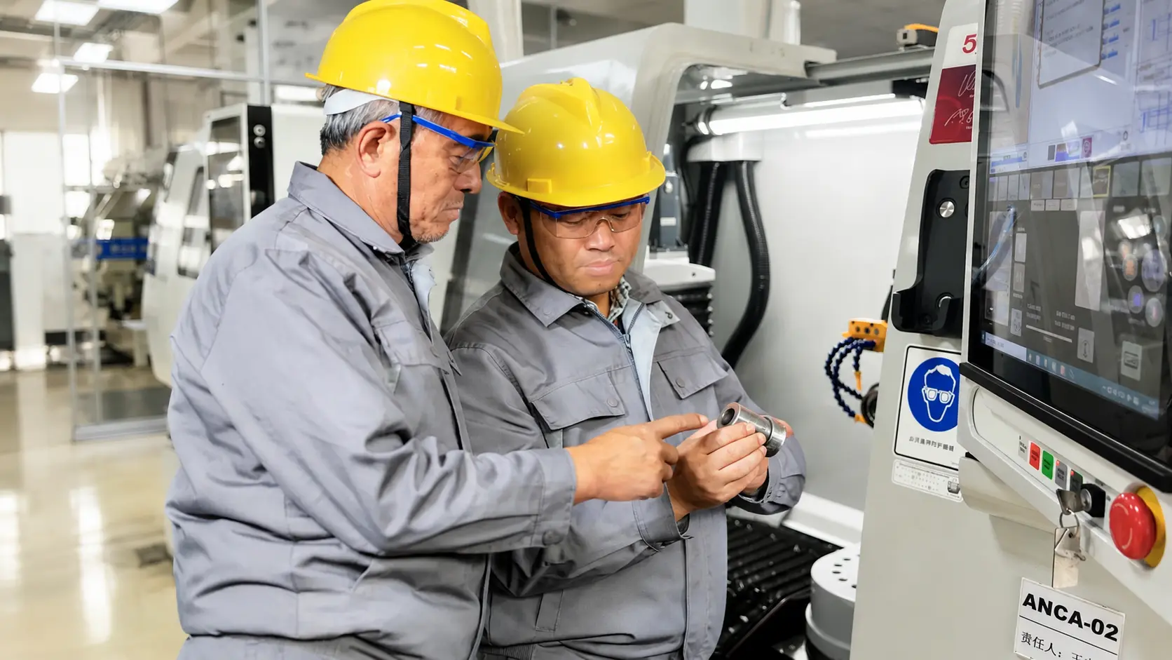 Engineers discussing 5-axis CNC machining process